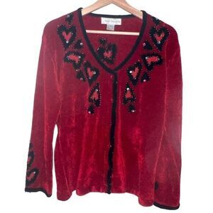 That Sweater Red Beaded with Hearts Button Up‎ Sweater Cardigan Size M